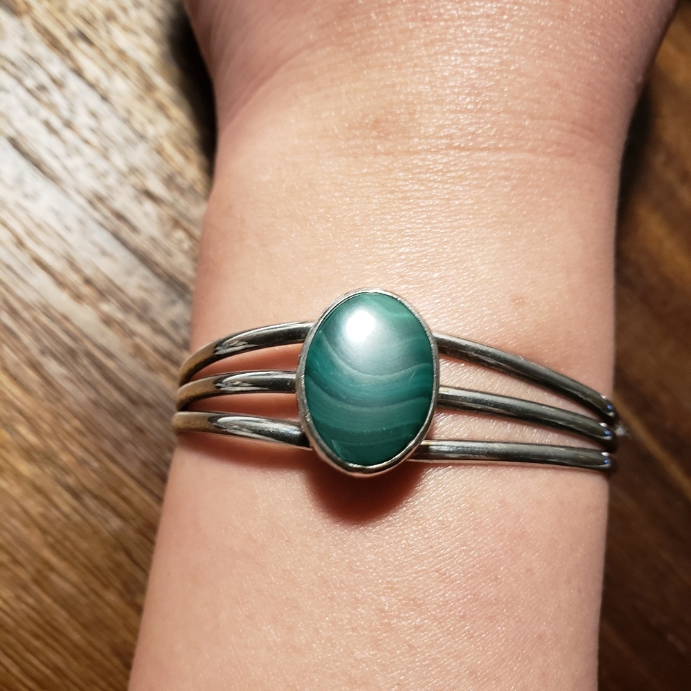 Vintage Sterling Silver Malachite Cuff Bracelet
